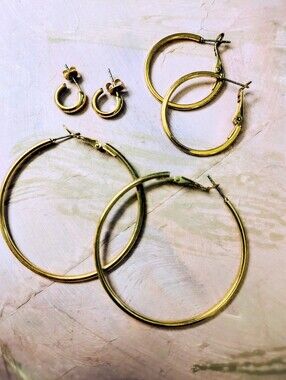 Gold Tone Hoop Earrings Set 3 Pairs: Large 2" Medium 1" Small Huggies .5"